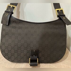 GUCCI GG Dark Brown Monogram Canvas & Leather Shoulder bag with Gold Hardware